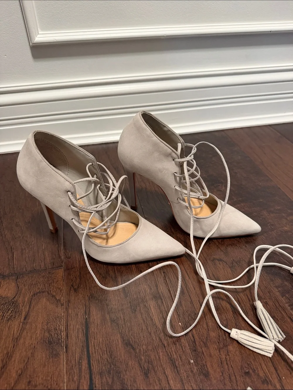 SCHUTZ Lace-Up Pointed Heels in Light Beige